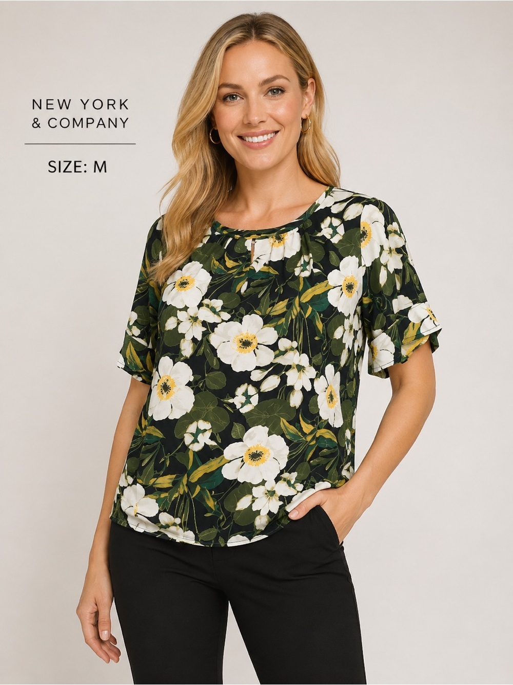 New York & Company Floral Blouse Size M Green White Short Sleeve Top